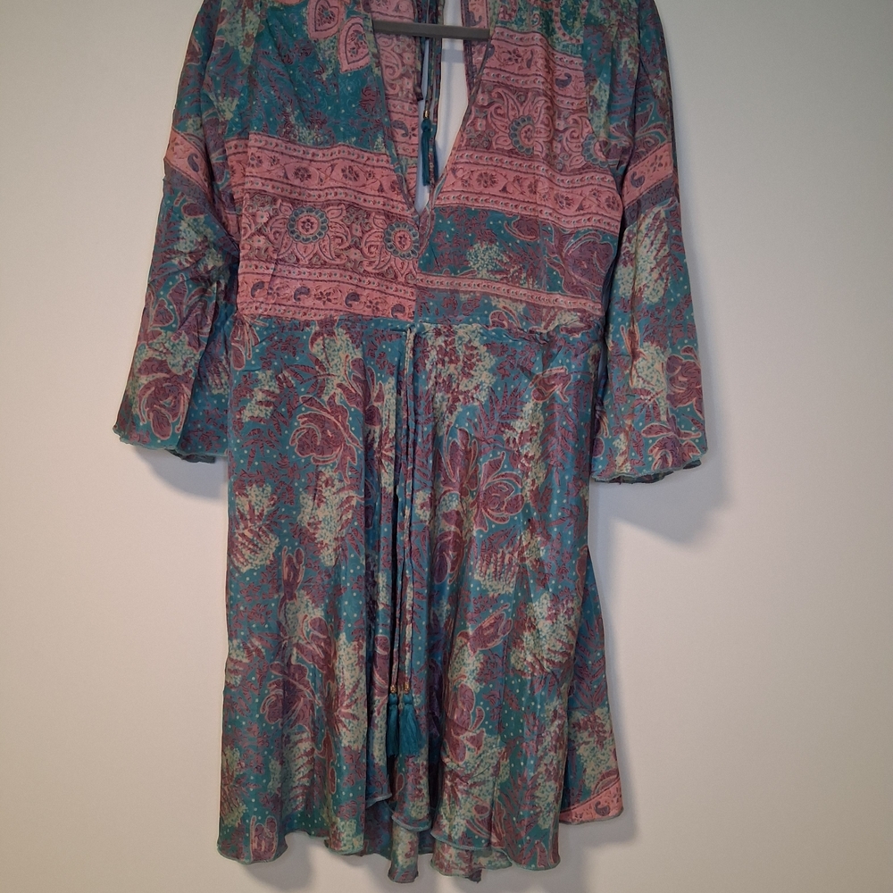 Bohemian Floral Long Sleeve Dress - Teal and Pink
